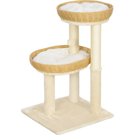 75,5 cm hoher Katzenbaum mit Rattanbetten, Kratzstämmen und waschbaren Kissen, beige