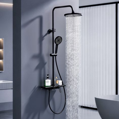 AIHOM Colonne de Douche avec Mitigeur Mécanique,Idéal pour Rénovation (Ajustable sans nouveaux trous) Acier Inoxydable&cuivre Cascade inférieure Haute Réglable 94-120 cm pour Salle de Bain Noir (1/5)
