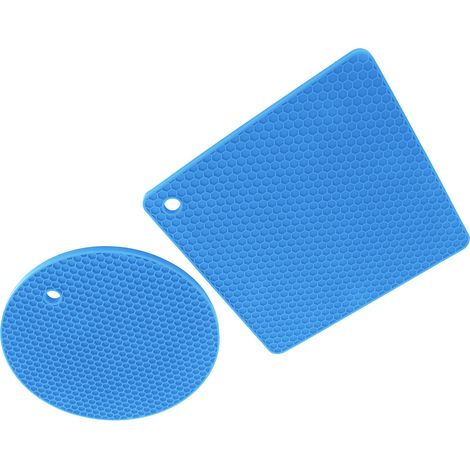 Lot de 5 dessous de plat en silicone ciré (2 ronds et 3 carrés), polyvalents, pour plats chauds et tables (bleu). (1/5)