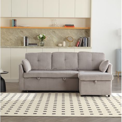 Canapé d'angle convertible 3 places en velour gris clair– Réversible avec coffre de rangement – Dimensions 206 x 108 x 66 cm (1/5)