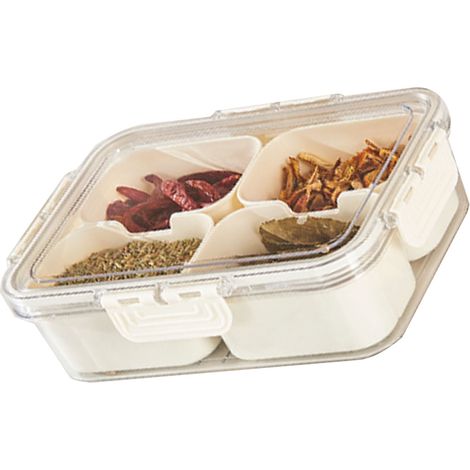 Boîte de rangement en plastique à compartiments multiples pour réfrigérateur, idéale pour les raviolis, les légumes, les fruits et les épices. Petit modèle à 4 compartiments. (1/5)