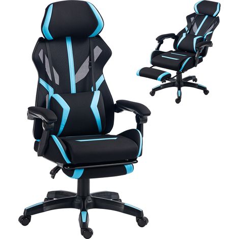 Chaise gaming ergonomique - HOMCOM - appui-tête réglable, soutien lombaire - maille - 62 x 64 x 128,5 cm - noir et bleu (1/5)