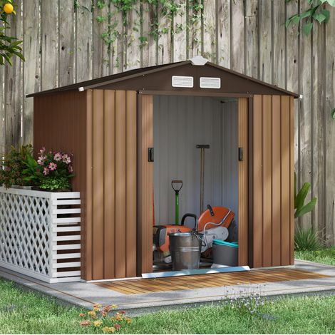 Abri de jardin en acier avec cadre de base et portes coulissantes, 213 x 130 x 185 cm, marron (1/5)