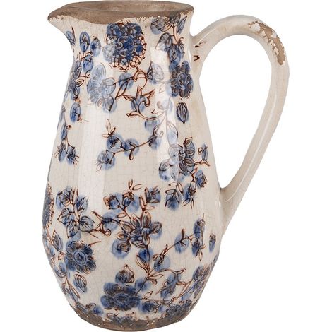 Pichet Décoratif en Céramique Beige et Bleu Motif Fleurs Style Campagne 17x13x22 cm - PANGIVO (1/3)