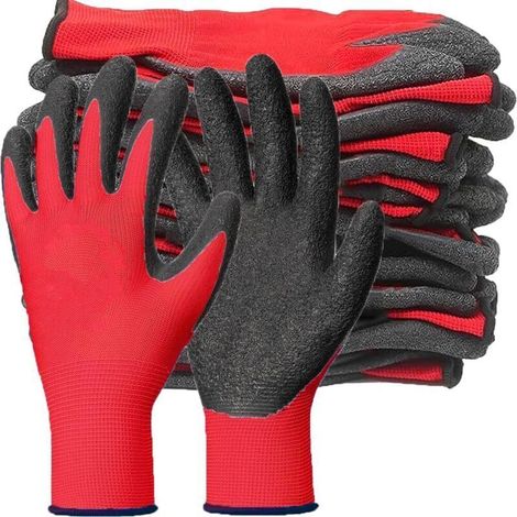 12 paires de gants de jardinage rouges (22-24 cm), unisexes, revêtement en caoutchouc respirant, ajustement sûr, antidérapants (1/4)