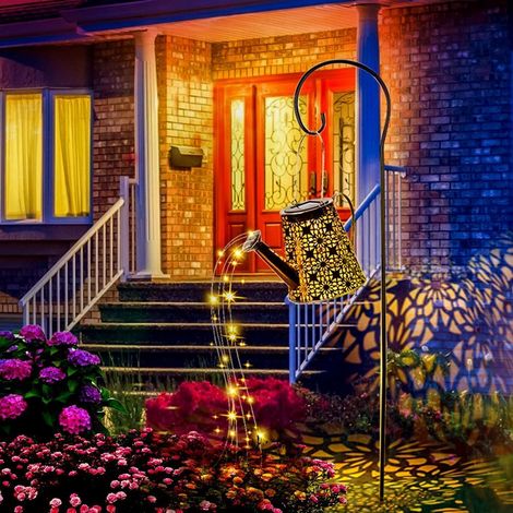 Arrosoir solaire, guirlande lumineuse LED d'extérieur avec crochet de berger, lanterne solaire en métal style vintage, lampe décorative pour allée, jardin, allée, pelouse. (1/5)