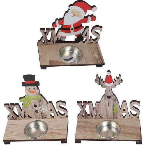 Lot de 3 bougeoirs de Noël en bois, porte-bougies, porte-bougies chauffe-plat, décoration de bureau (Père Noël, bonhomme de neige, renne, 1 pièce par bougeoir)-M (1/2)
