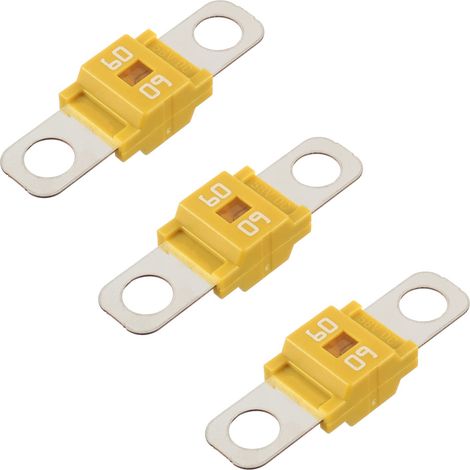 Lot de 3 Fusible Midi 60A Jaune, Bolt-on 32V DC, Pour Voitures, Camions, Caravanes