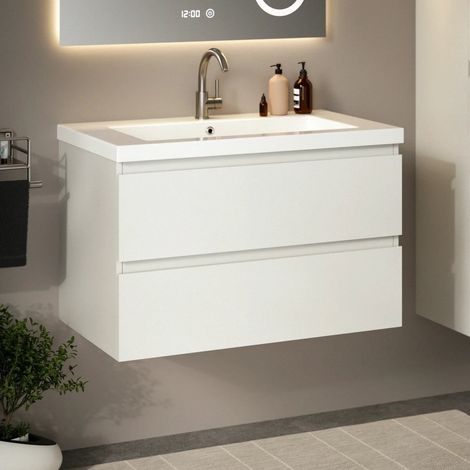Sova Badezimmermöbel Weiß mit 80 cm breitem, wandhängendem Waschtisch mit Keramikwaschbecken – Schubladen mit Soft-Close-Funktion – feuchtigkeitsbeständig – pflegeleichte Oberfläche – großzügiger Stau (1/5)