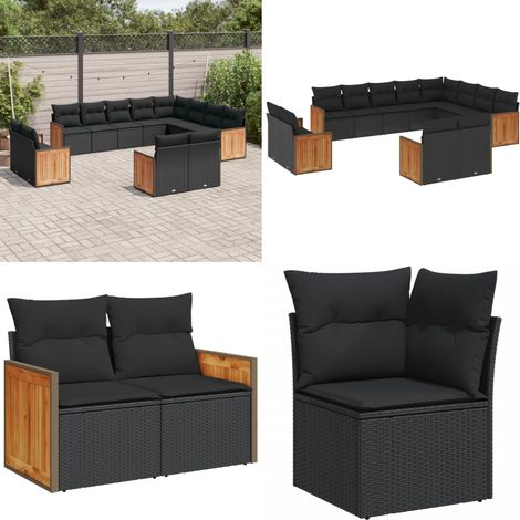 Salon de jardin 12 pcs avec coussins noir résine tressée - Ensemble Salon De Jardin - Meuble Extérieur - Salon De Jardin Design - Fauteuil De Jardin - Table Basse Jardin - Home & Living
