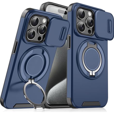Étui de protection avec lentille coulissante compatible avec l'iPhone 16 Pro Max. Étui de protection avec coussins d'air aux coins, protection contre les chutes et support magnétique, bleu.