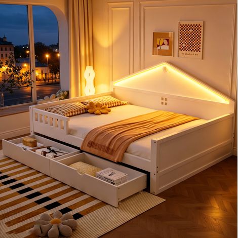 Einzelbett 140x200 cm Weiß aus Massivholz und MDF mit LED-Beleuchtung und zwei Schubladen (1/5)