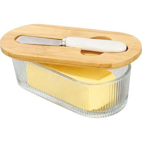 Beurrier en verre avec couvercle en bois, couteau à beurre, sans BPA, transparent, pour 250 g, pour la maison et la cuisine (1/5)