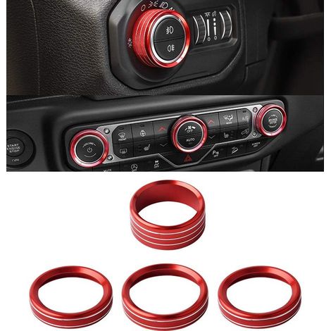 Zubehör für Jeep Wrangler JL (2018–2021): Abdeckungen für Klimaanlagenknöpfe, Scheinwerferschalter und Zierleisten, Aluminiumlegierung, Rot, 4-teilig (1/5)