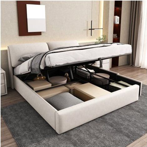 Lit Coffre 160x200 - 3 Tiroirs En Velours Beige - Lit Rembourré - Tête De Lit Réglable, Sommier A Lattes, Grand Espace De Rangement (1/5)