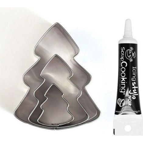 3 mini emporte-pièces inox Sapins + Stylo de glaçage noir
