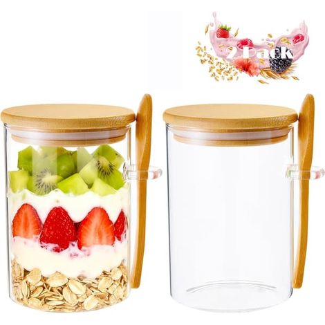 Lot de 2 bocaux en verre pour le porridge du lendemain, avec couvercles en bambou et cuillères - Récipients hermétiques et étanches pour les céréales, les yaourts et le pudding de chia (1/5)