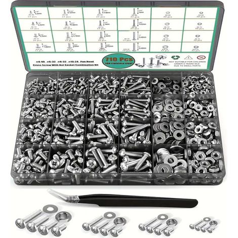 Coffret de 710 vis à métaux impériales en acier inoxydable 304, vis à tête bombée cruciforme avec écrous hexagonaux et rondelles plates, assortiment de visserie en pouces (1/5)