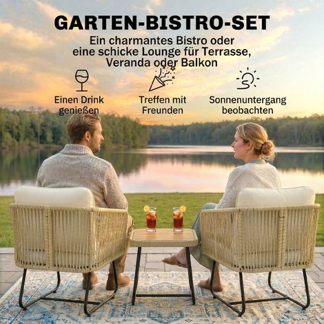 Ensemble rotin bistro 3 pièces certifié FSC : 2 fauteuils, table bois lattes, coussins lavables épais, structure acier. (1/4)