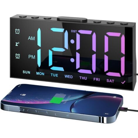 Noir，Réveil Numérique, Reveil Ado avec 4 Couleurs Dégradées et 4 Couleurs Fixes, 4 Modes D'alarme, 2 Alarmes, Réglage de La Luminosité, Snooze, 12/24 H, Port USB (1/5)