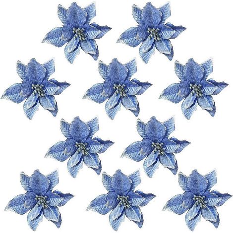 10 pièces de 13 cm de fleurs artificielles pailletées pour mariage, Noël, couronnes de sapin, décoration (bleu)-10pcs-Blue (1/2)