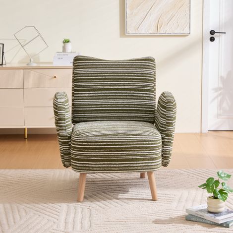 Fauteuil moderne en tissu à motif circulaire, avec poche latérale, pieds en bois massif — Chaise de lecture confortable pour salon, chambre ou bureau (Vert olive bouclé) (1/5)