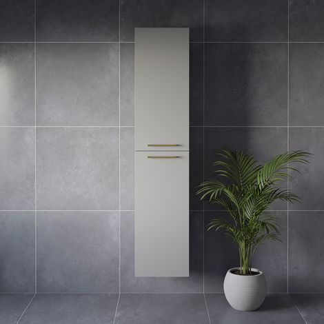 Napoli Gloss Grey Pearl 350mm x 1600mm Wall Mounted 2 Door Storage Unit - 350mm - Brushed Brass 160mm Handle