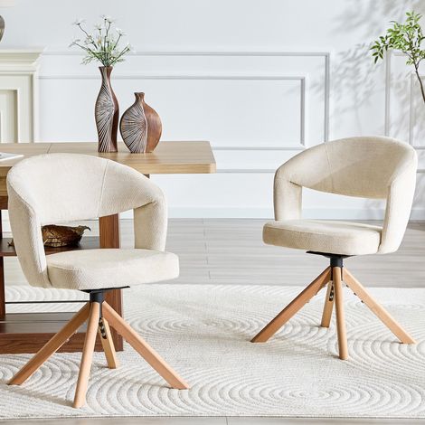 Ensemble de deux fauteuils pivotants rétro de luxe. Revêtement en tissu texturé blanc crème, pieds salons. (1/5)