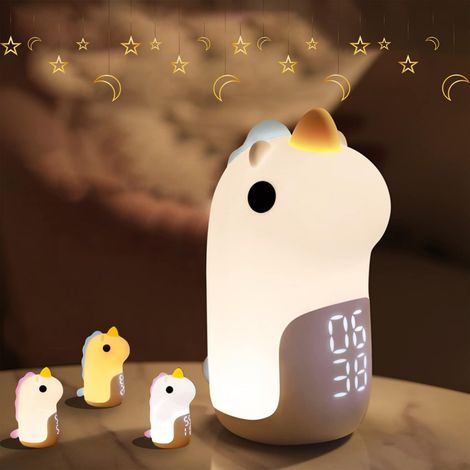 Reveil Enfant Licorne Réveil Lumineux Rechargeable Réglable 3 Couleurs Veilleuse Bébé 1 pcs Silicone Bleu (1/4)