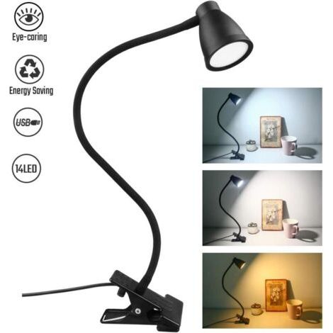 Lámpara de lectura LED de 14 LED: 3 niveles de temperatura de color, 10 niveles de brillo, apagado automático y función de memoria, lámpara de cama con protección ocular (adaptador no incluido) [Clase