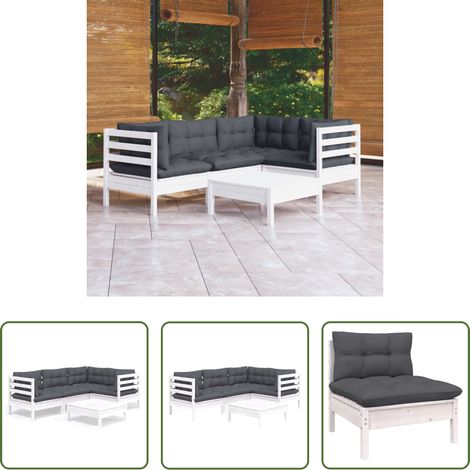 vidaXL Kiefernhölzermöbel - 5-tlg. Garten-Lounge-Set mit Kissen Weiß Kiefernholz (1/5)