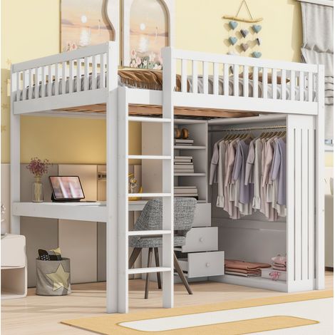 DESVIAE Lit mezzanine 140 x 200 cm avec bureau armoire 3 tiroirs rangement ouvert garde corps escalier en pin et MDF blanc (1/5)