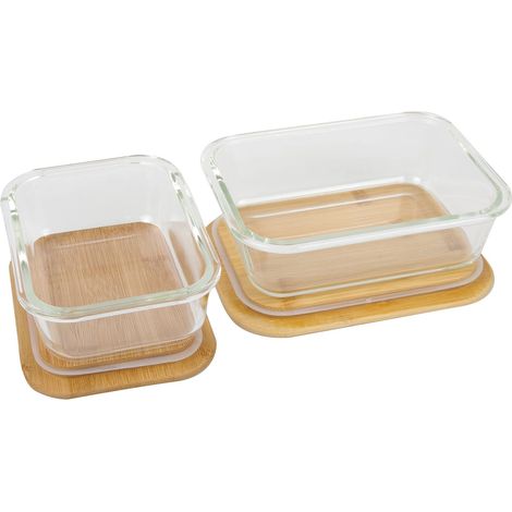 Ustensiles de Cuisine - Lot de 2 Boîtes en Verre - Boîtes Alimentaire Hermétiques - Couvercle en Bambou - Réutilisables, Brun,transarent (1/5)