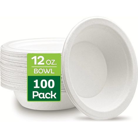 100 Pièces Bols en Papier Jetables, 360ml Blanc Bols Rigides en Bagasse 100% Compostable Bol en Canne à Sucre pour Usage Quotidien Restaurants BBQ Party (13,5cm x 4cm) (1/5)