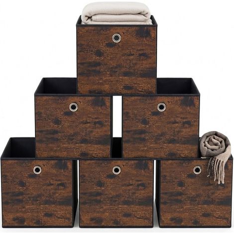 Relaxdays Scatola portaoggetti, set da 6, 30x30x30 cm, industriale, effetto legno, pieghevoli, nero/marrone (1/5)