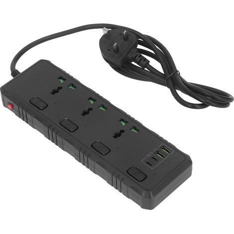 Multiprise TB-T29 3000W, 6 prises séparées avec interrupteurs, USB-C PD et USB-A, noir, prise UK standard, 110-265V, pour maison et bureau (1/5)