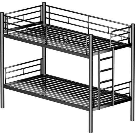 Lit superposé enfant 90x200cm avec garde-corps de sécurité, convertible en 2 lits simples, avec sommier à lattes, escalier antidérapant, noir