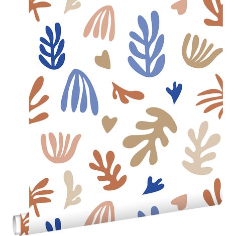 papier peint plantes dans le style Matisse beige, terracotta et bleu  - ESTAhome (1/5)