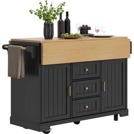 Carrello da Cucina con 2 Ante e 3 Cassetti, Piano Pieghevole, in MDF e Metallo, 120x40x95 cm, Nero (1/5)