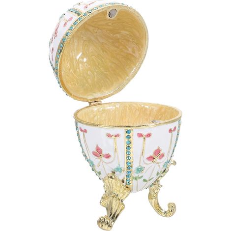 Boîte à Bijoux Décorative en Métal Émaillé D'œuf Blanc à Fleurs, Coffret Rangement Porte-bijoux Unique pour Décoration Intérieure, Figurine Présent Pâques et Maison, 1 Pièce (1/5)