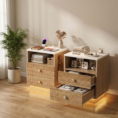 Lot de 2 Table de chevet, 2 tiroirs, station de charge USB, LED RGB, table d'appoint chambre, 44x38x55cm, Naturel (1/5)