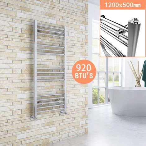 ELEGANT 1200 x 500 mm Chrome Designer Flat Panel Towel Rail Radiator Bathroom Heated + Chrome Thermostatic Radiator Valves (1/5)