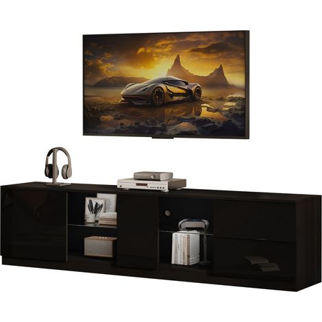 Meuble TV noir laqué 160cm-Buffet avec éclairage LED-Adapté TV 65"-Pour salon et chambre-160x40x52cm (1/5)