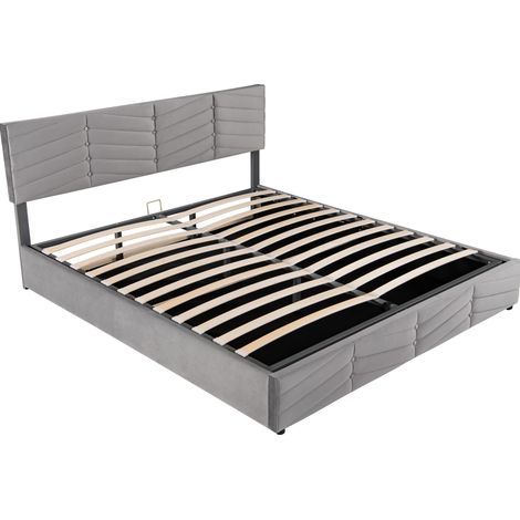 Lit double coffre hydraulique en velours gris 160 x 200 cm, tête de lit réglable (1/5)