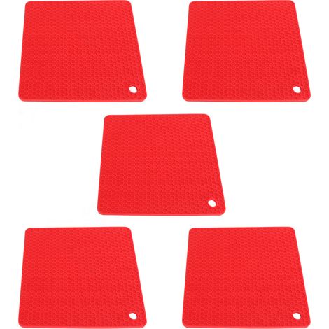 Lot de 5 dessous de plat carrés en silicone résistant à la chaleur et antidérapant, motif nid d'abeille, pour plan de travail de cuisine (rouge).