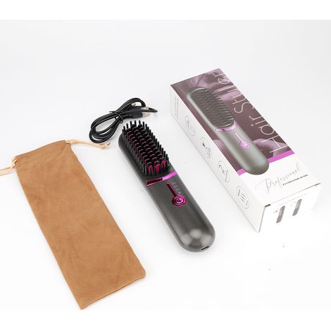 Lisseur chauffant sans fil, compagnon de voyage portable, rechargeable par USB, batterie de 5400 mAh, générateur d'ions négatifs, fonction chauffante, unisexe (gris). (1/5)
