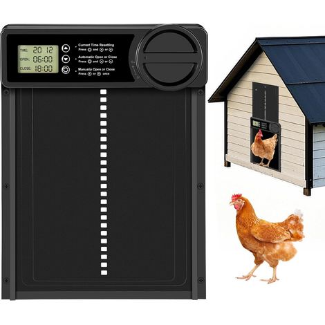 Puerta automática grande para gallinero, funciona con pilas, aleación de aluminio, temporizador de 24 horas, pantalla LED, resistente al agua, función antipinzamiento, resistente a la intemperie. (1/5)