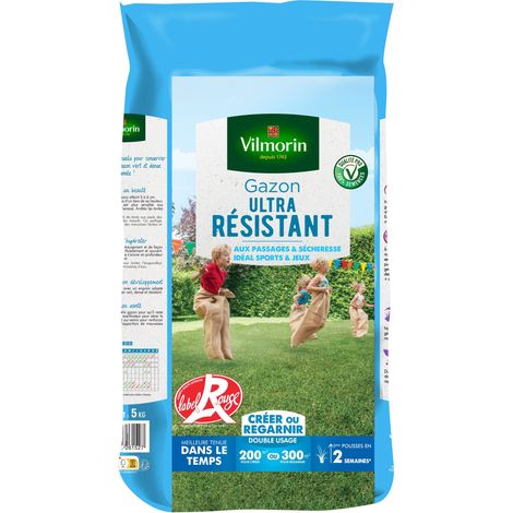 Gazon ultra résistant Label Rouge 5 kg – Tapis végétal dense pour usages intensifs – Convient à tous types de terrains – Taux de germination 10% supérieur – Vilmorin (1/2)