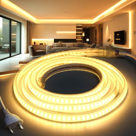 LED Strip Neon 220V 5M Waterproof IP65 LED Strip Waterproof Warm White 3000K Flexible Cut with Power Supply Light for Indoor and Outdoor Home Kitchen Bedroom Stairs (1/5)