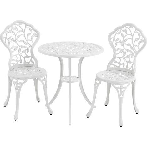 Yaheetech – Ensemble table et chaises de jardin 3 pièces – Métal blanc – Design vintage feuillage – 2 chaises sans accoudoirs – Table Ø61cm